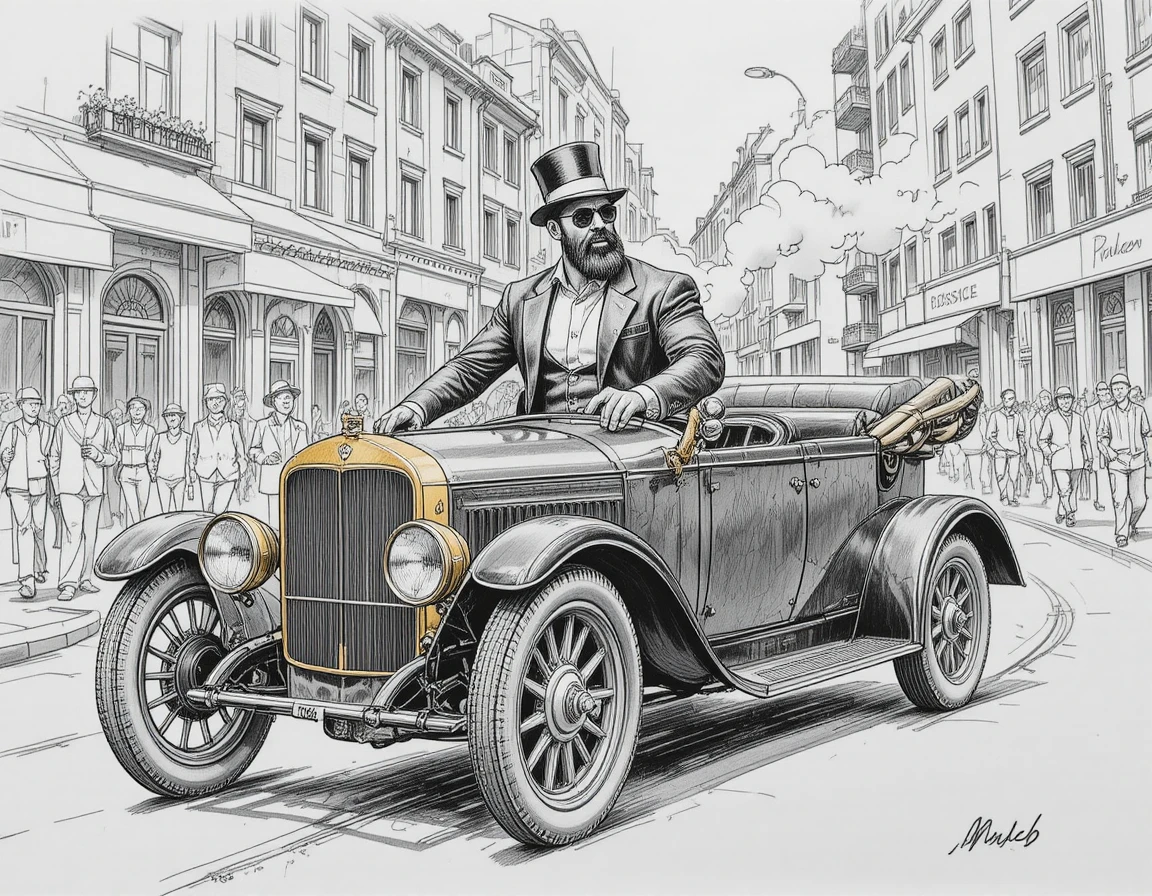 Uomo barbuto in abito nero che guida un'auto d'epoca in città