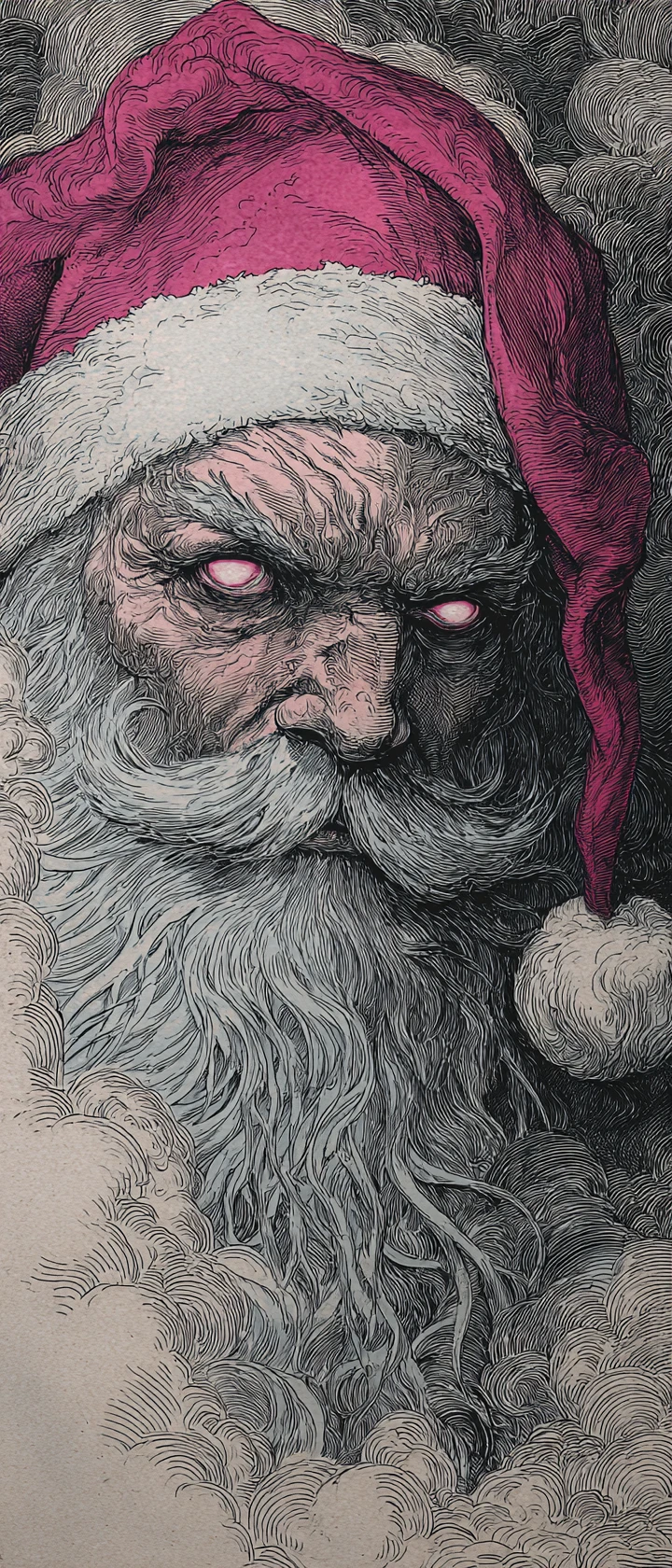 Ritratto di Babbo Natale distopico in una nebbia eterea ispirata al punk