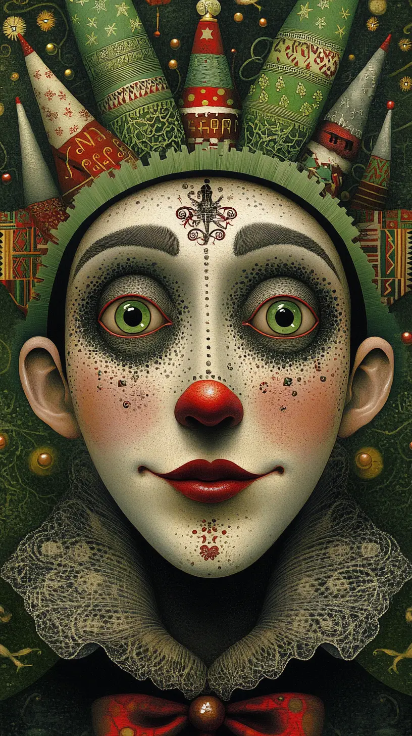 Surrealer französischer Mime in einer verzerrten festlichen Fantasiewelt
