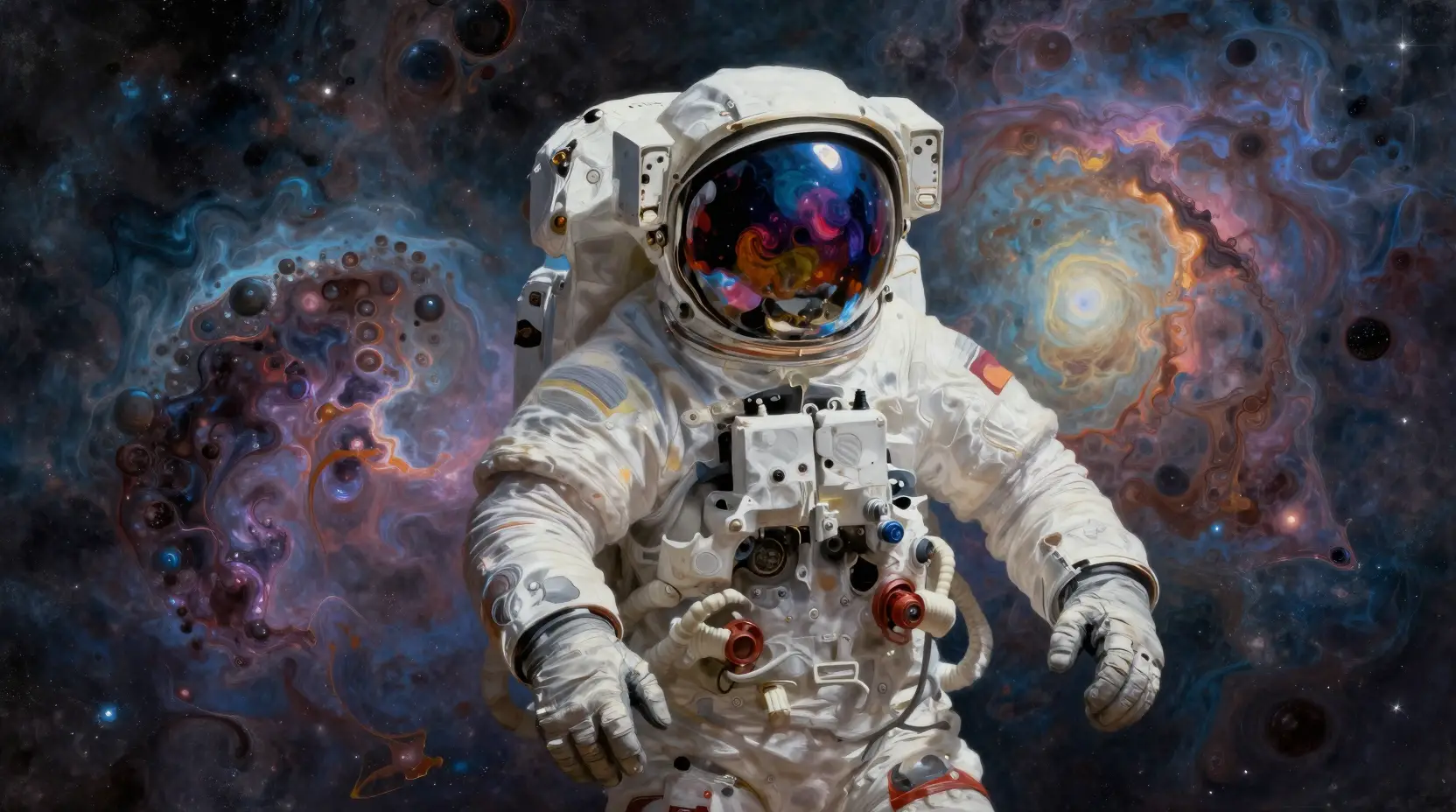 漂浮在絢麗抽象宇宙海洋中的太空人