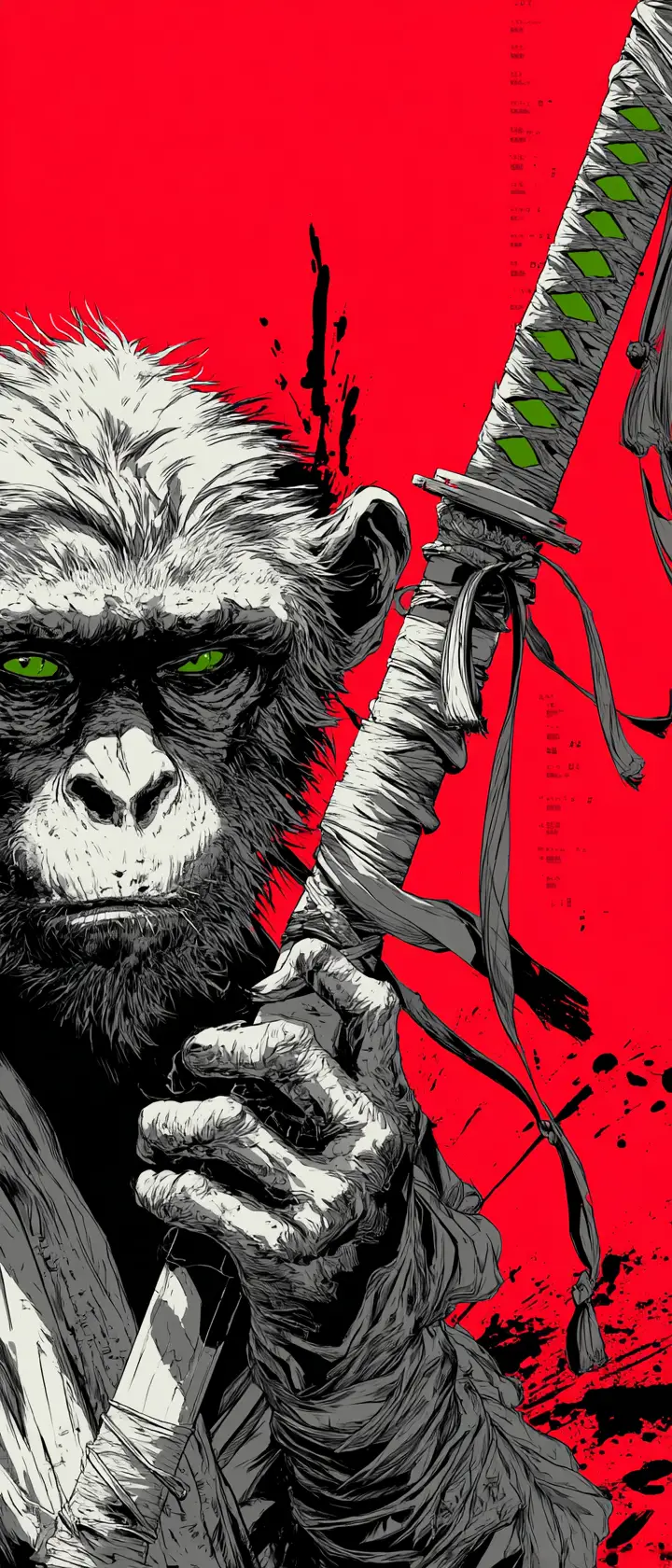 Samurai-Affe mit Katana in Schwarz-Weiß-Kunst