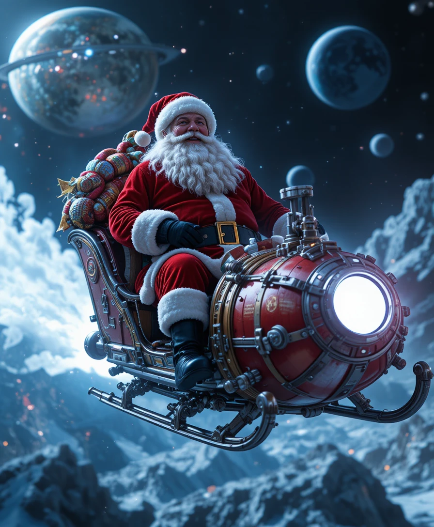 Futuristic Santa Claus Flying Through Deep Space
