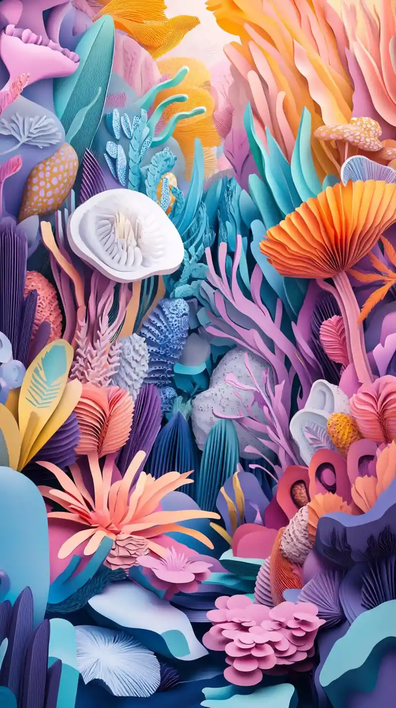 Whimsical floating papercraft collage with layered shapes