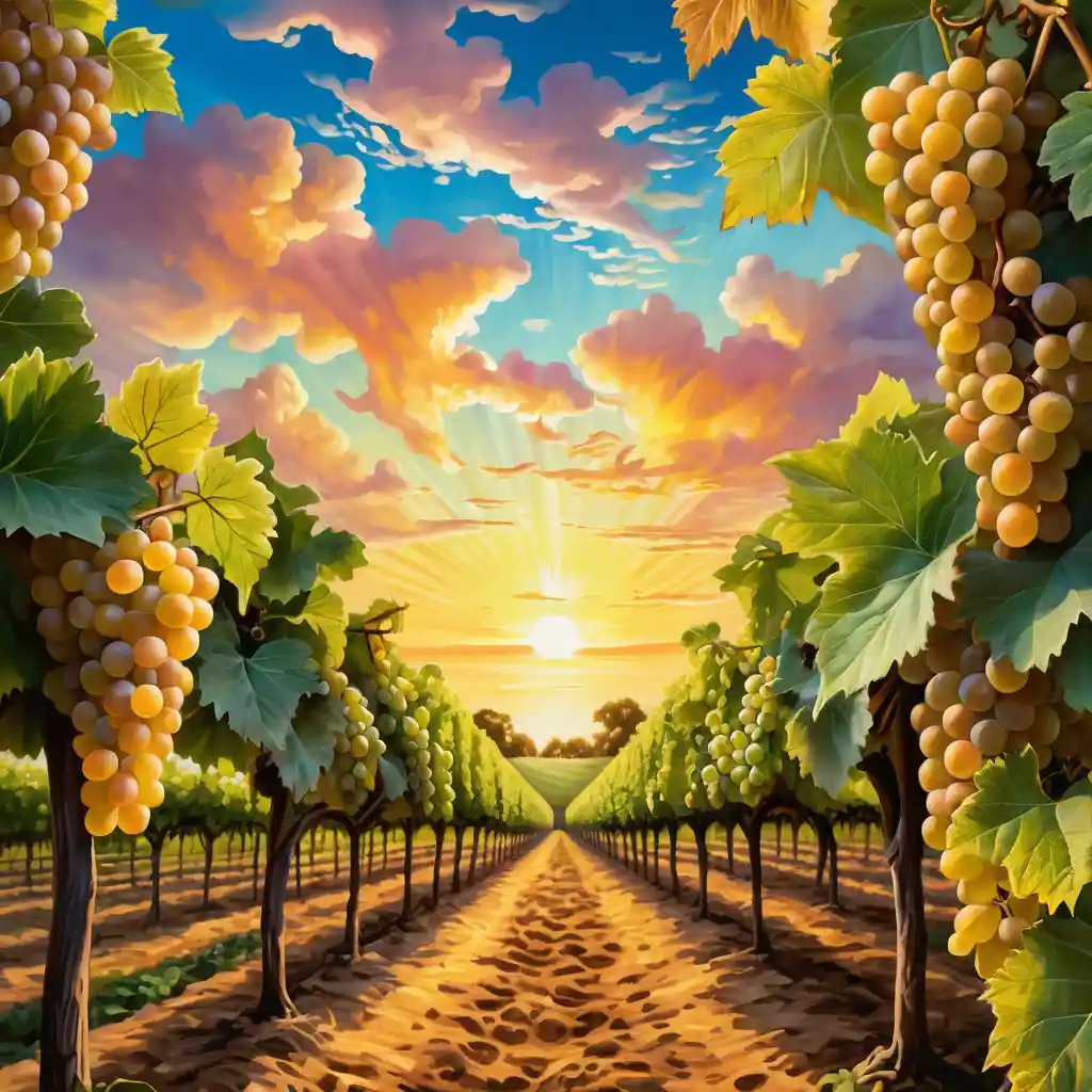 Surrealer Sonnenaufgang im Weinberg mit leuchtend bernsteinfarbenen Traubenreben