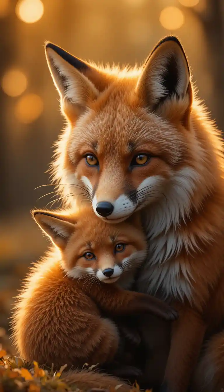 Dolce primo piano di una mamma volpe rossa che coccola il suo cucciolo