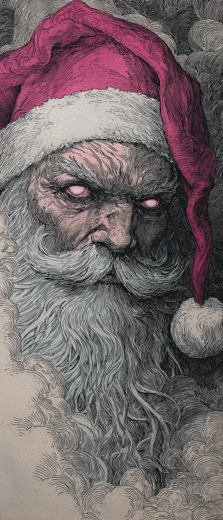 Ritratto di Babbo Natale distopico in una nebbia eterea ispirata al punk