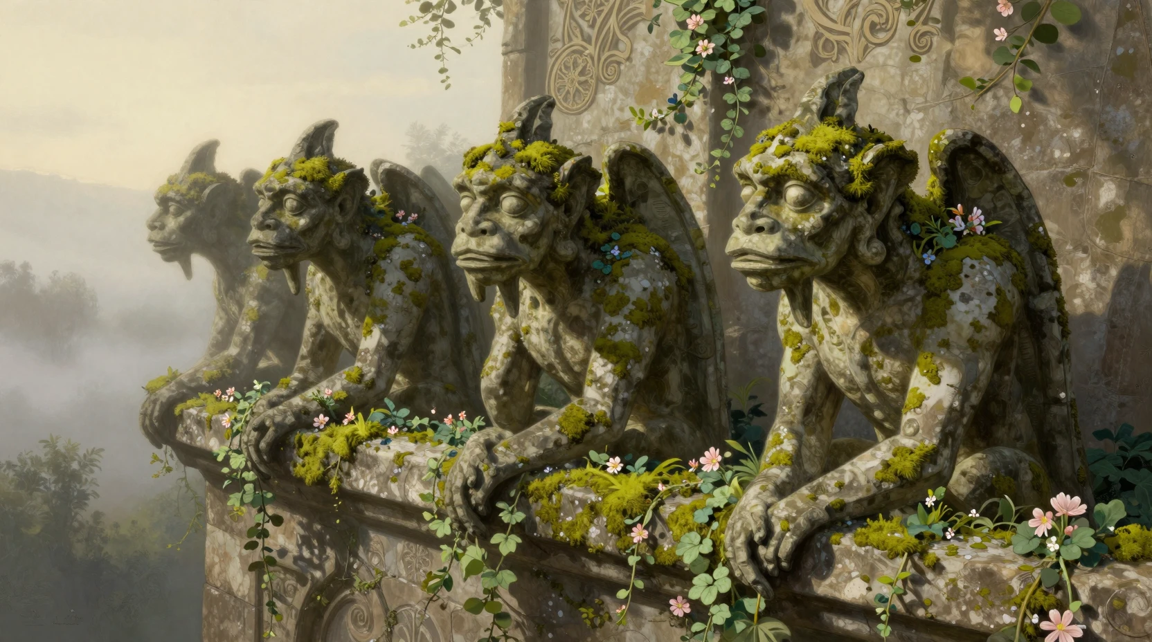 Gárgulas de pedra antigas observando um vale enevoado ao amanhecer