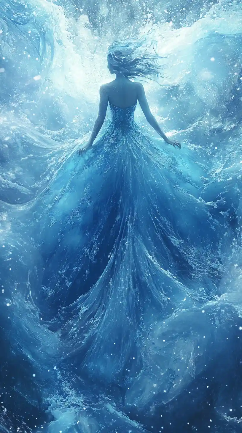 Elegant woman floating in a magical winter snowfall scene
