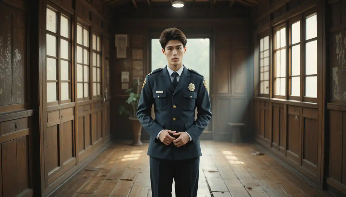 Taiwanese policeman in sunlit rural wooden village house