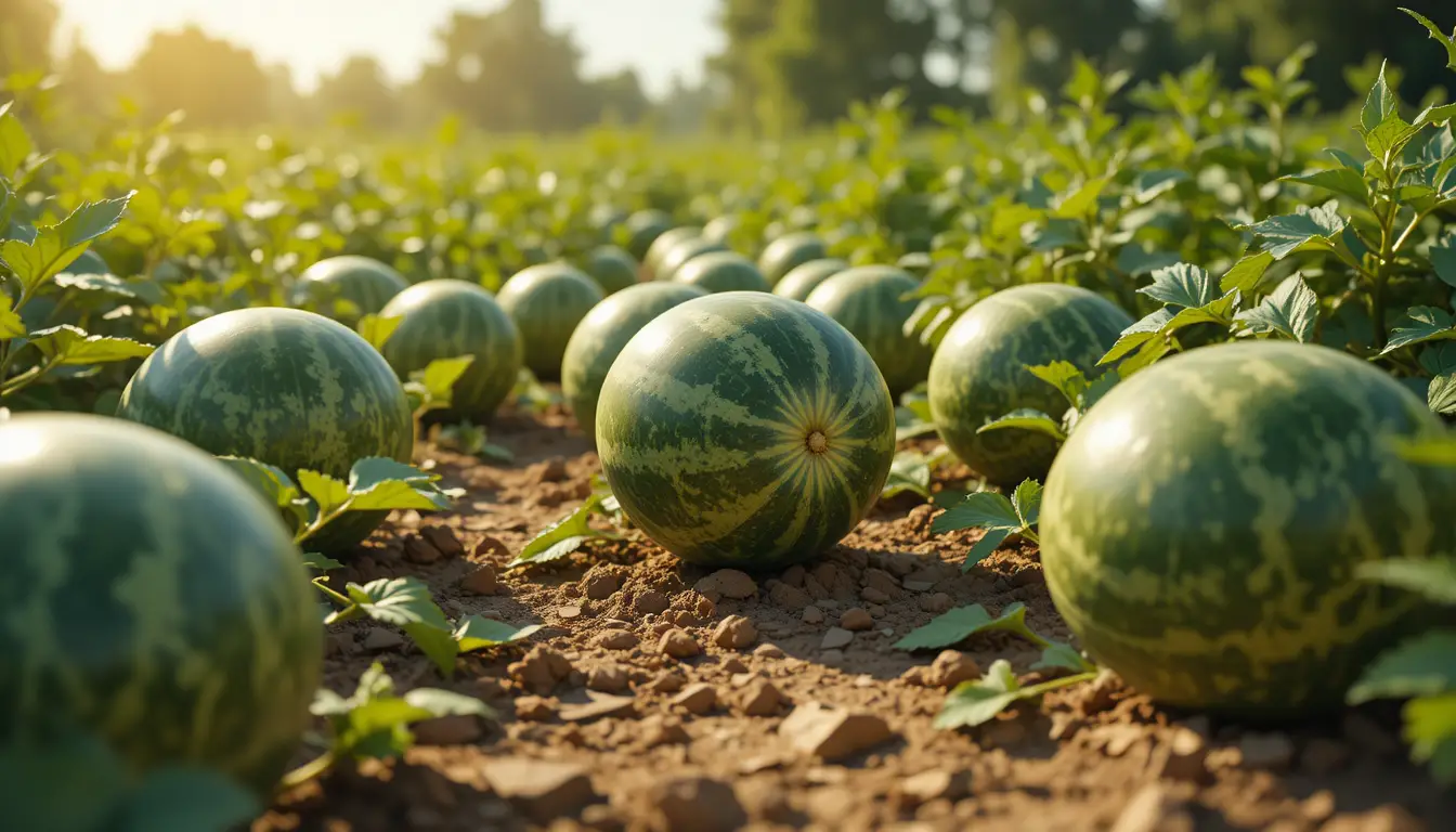 Plantação de melancia sob o sol forte de verão em ilustração 3D