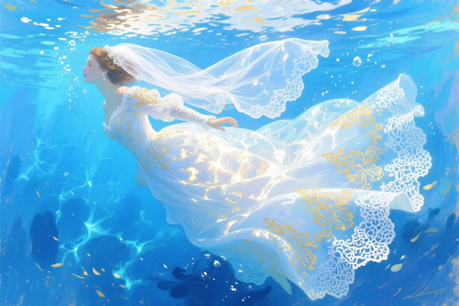 Sposa che si immerge con grazia sott’acqua in un abito da sposa fluente
