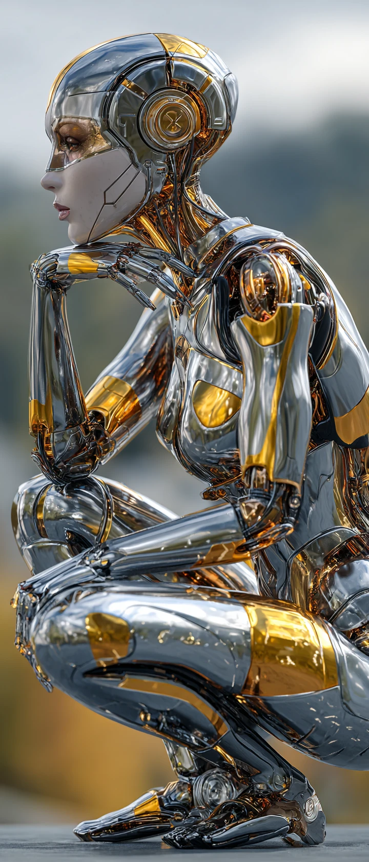 Androide femminile futuristica in cromo e vetro in elegante posizione accovacciata