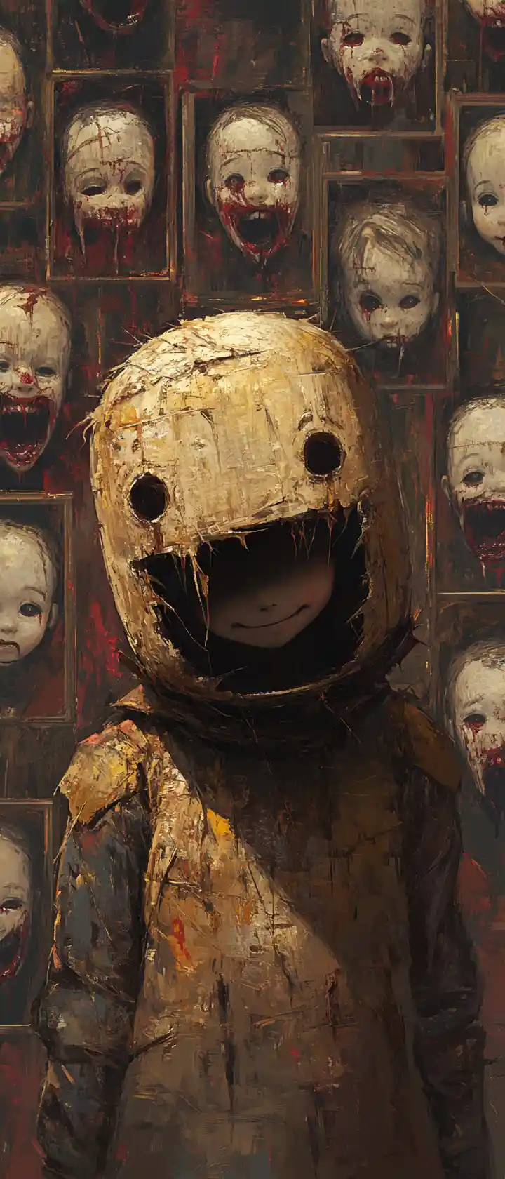 Child In Oversized Knight Helmet Before Sinister Portrait Wall
