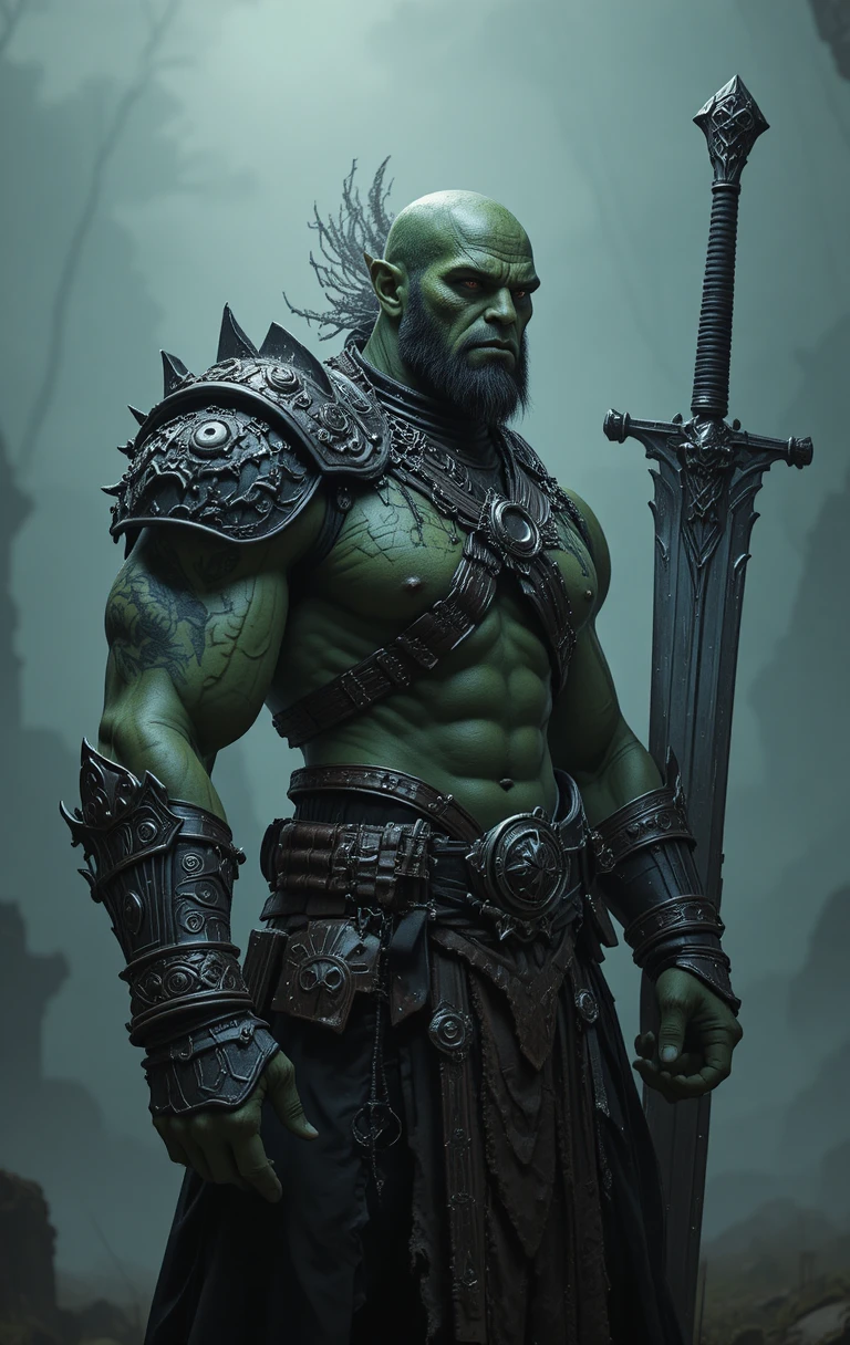 Guerreiro orc verde blindado com espada gigantesca em cenário enevoado
