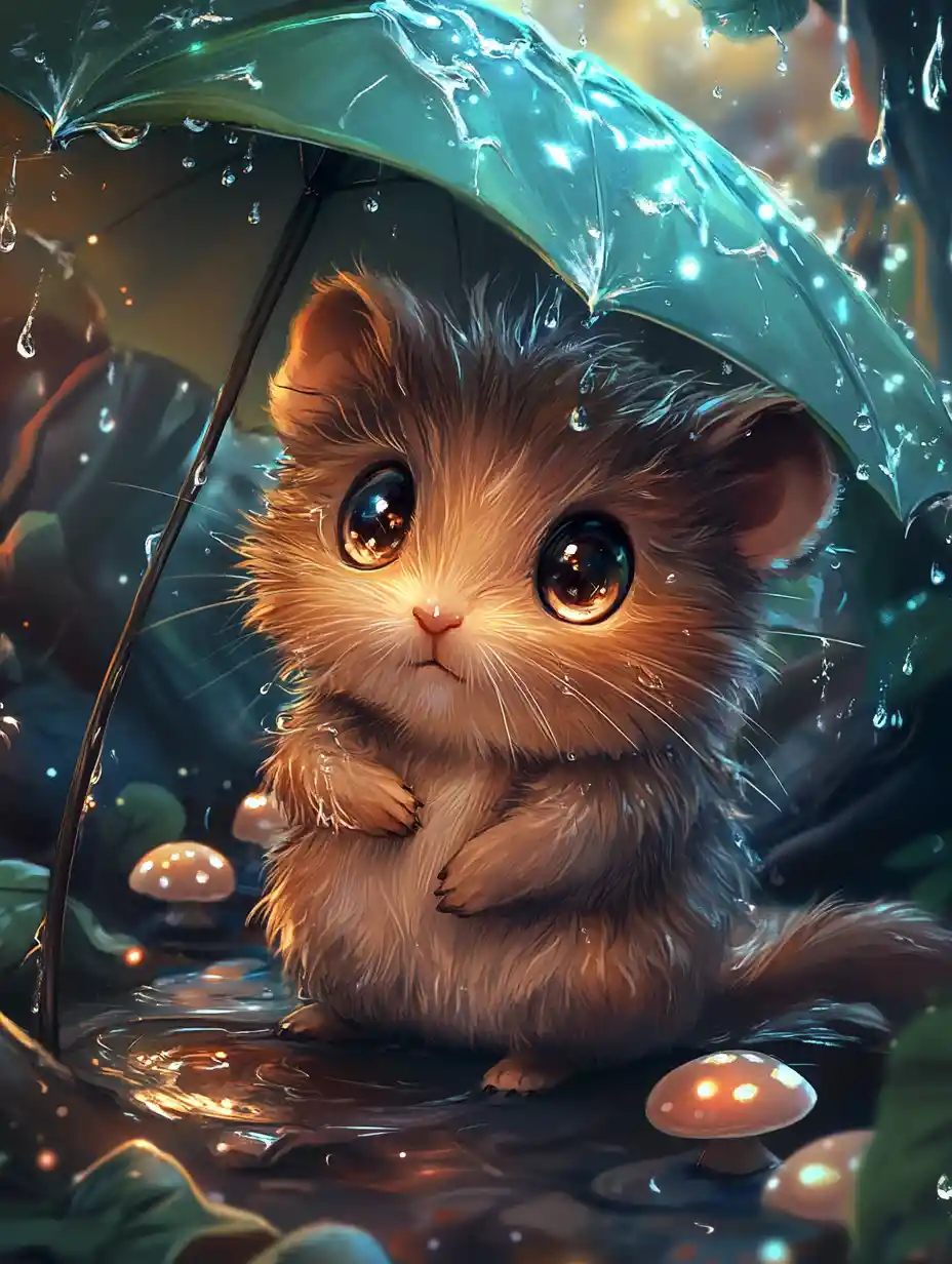 Cute baby vole under a leaf umbrella in glittery rain