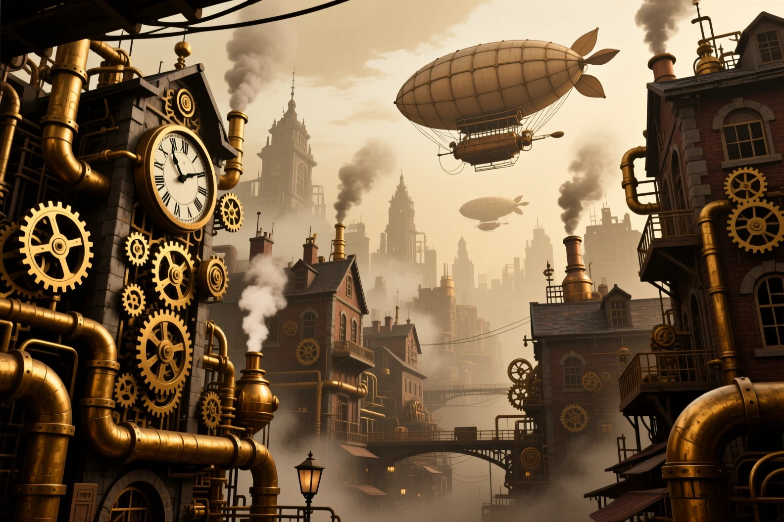 Ciudad Steampunk Sórdida con Dirigibles en un Cielo Sepia