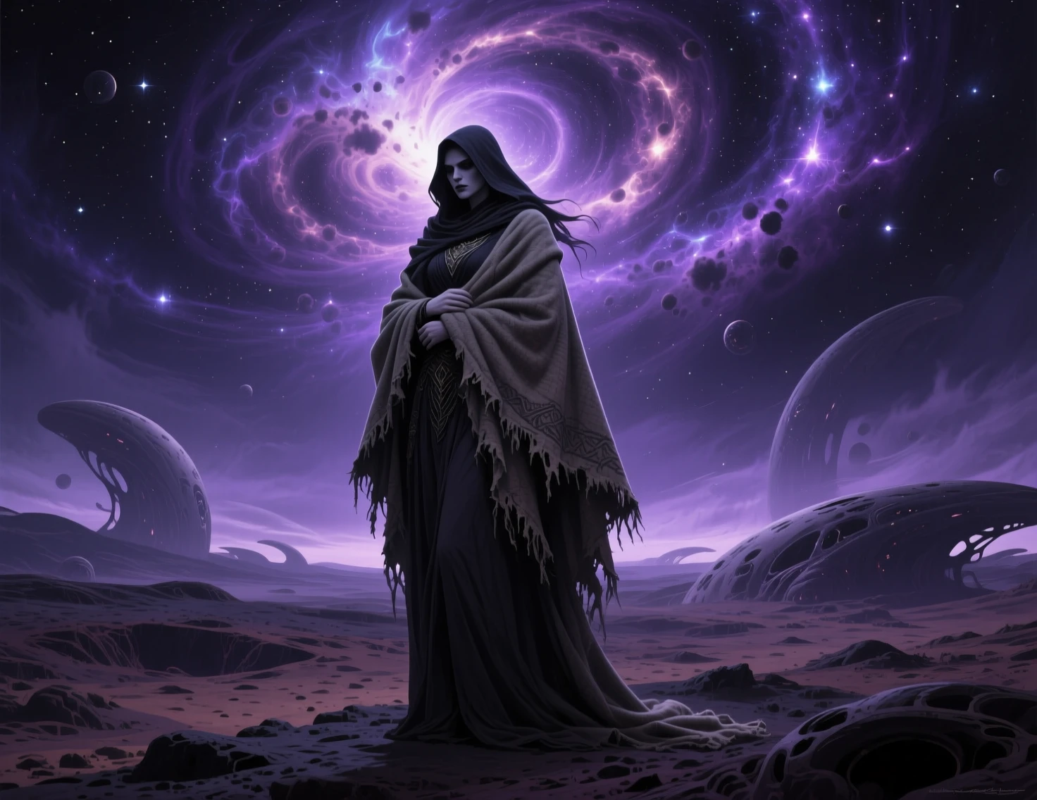 Solitary sorceress on a desolate alien world under swirling skies