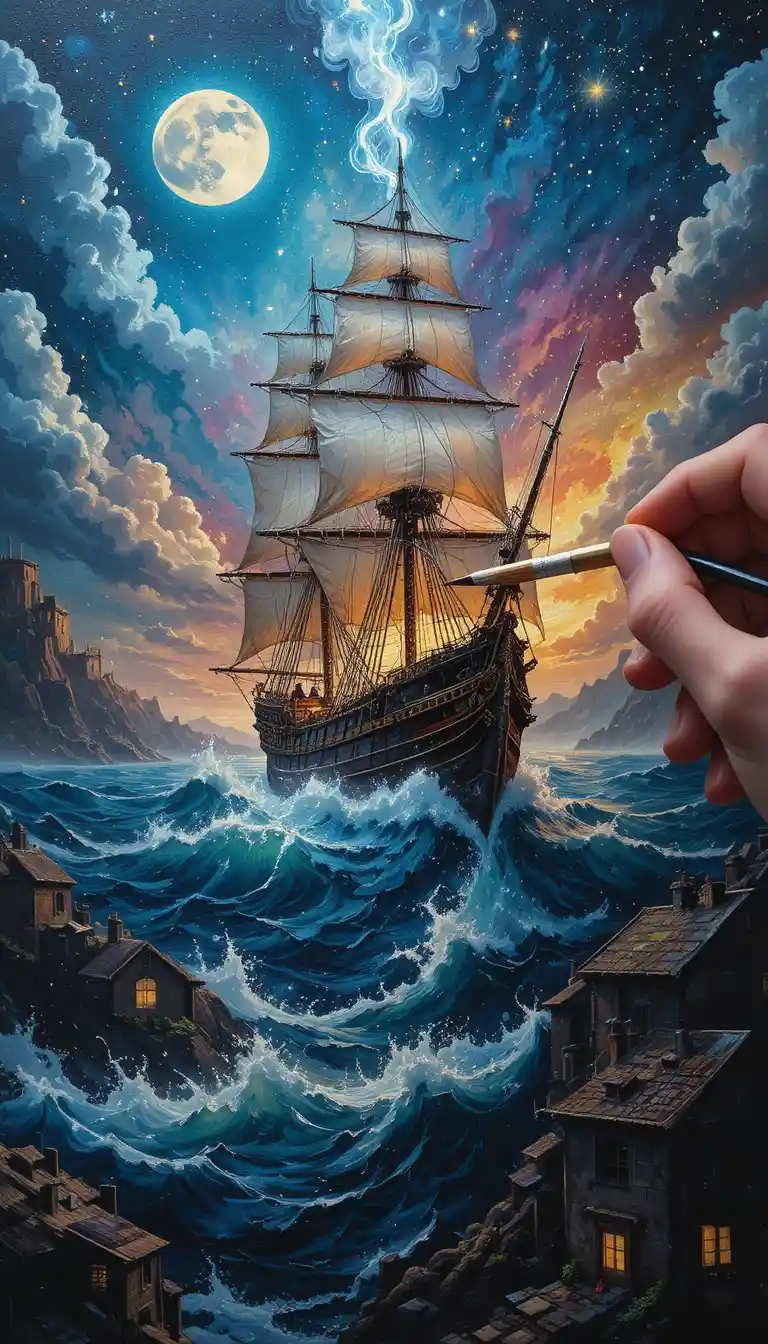 Artist painting a miniature port city in close up
