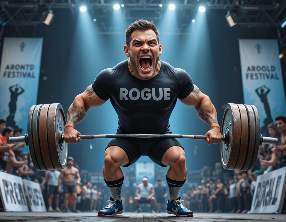 Muscular athlete lifting heavy barbell at strength competition