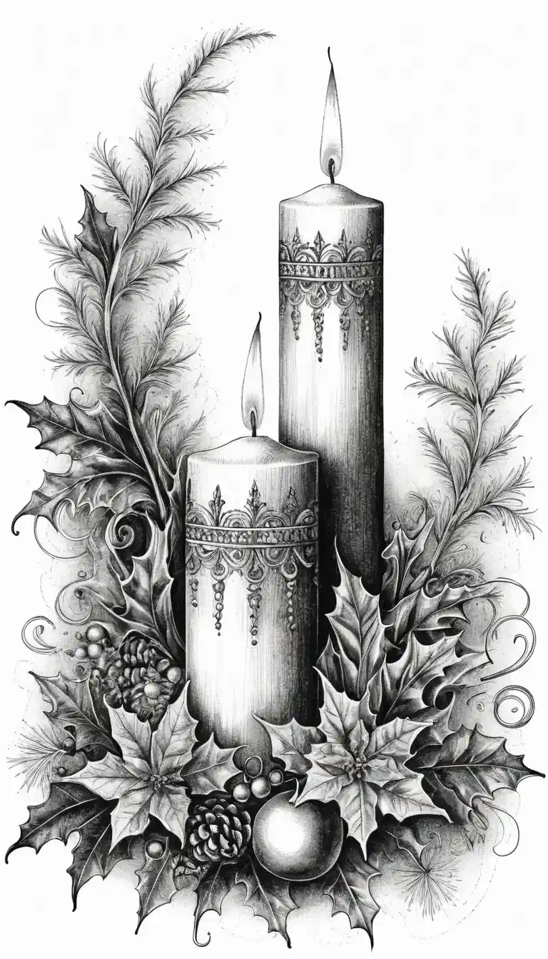 Illustration détaillée de bougie à l’encre noire et blanche