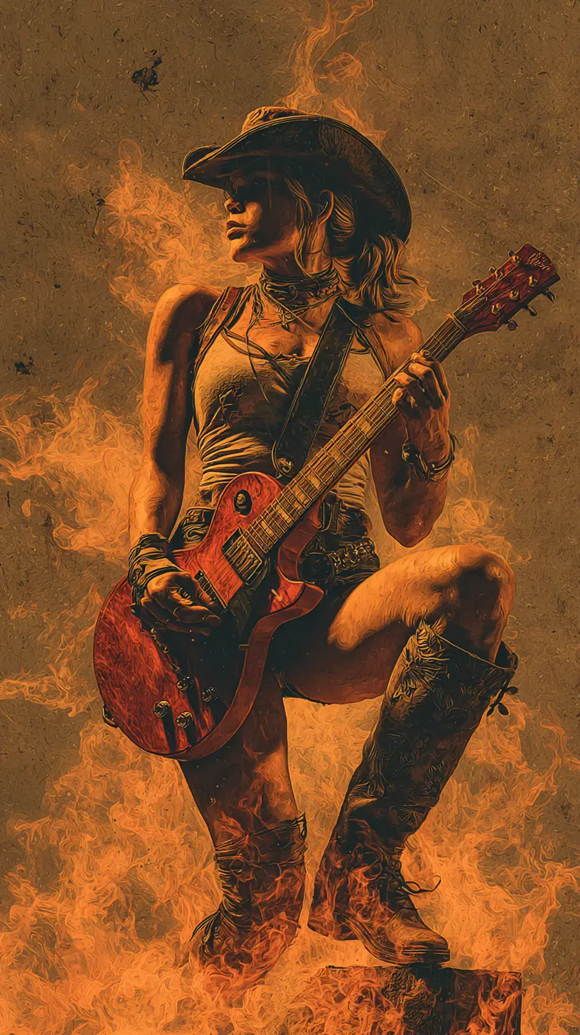 Guitarrista cowgirl ajoelhada em chamas intensas com luz dramática
