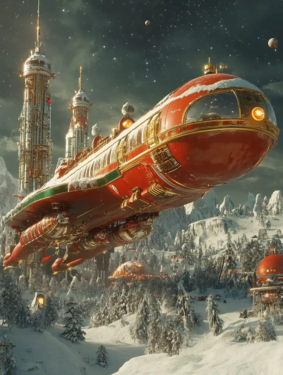 Santa Claus futurista corriendo a través del espacio exterior en 3D