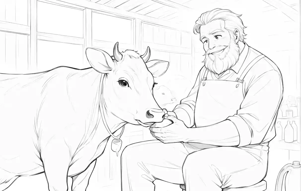 素朴な牛舎で牛の乳しぼりをする幸せなおじいさん
