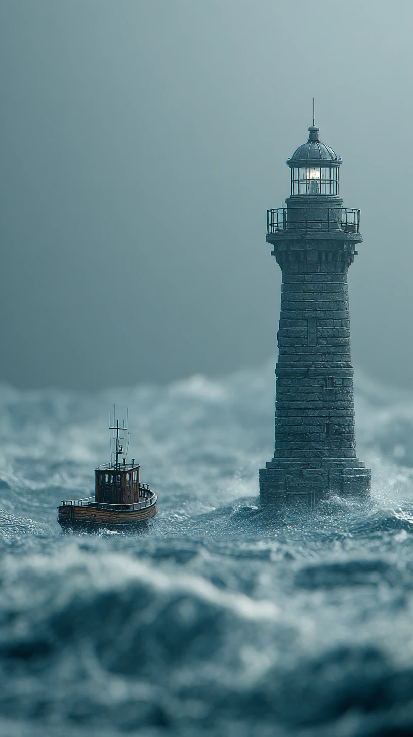 Petit remorqueur passant devant un phare imposant par mer orageuse