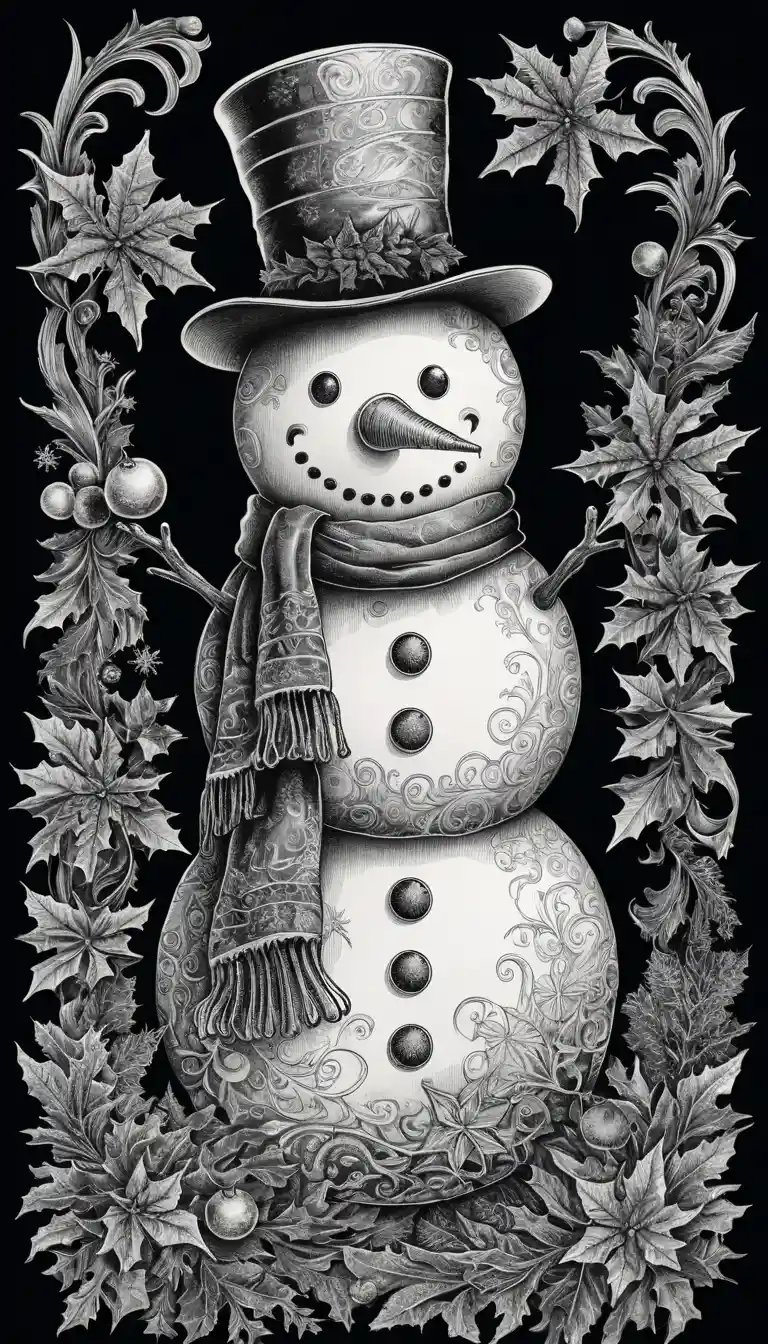 Complesso Disegno a Inchiostro in Bianco e Nero di un Pupazzo di Neve