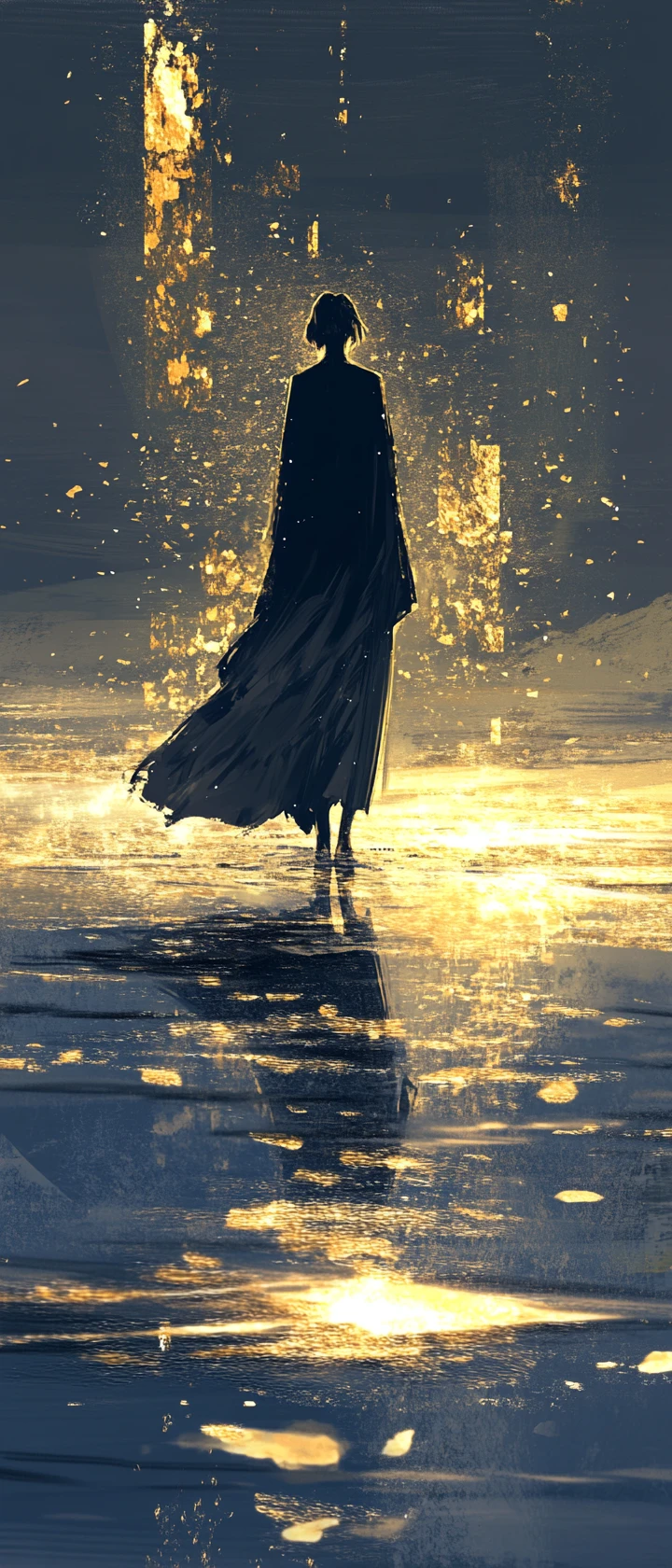 Anime girl alone on a windswept desolate twilight shore