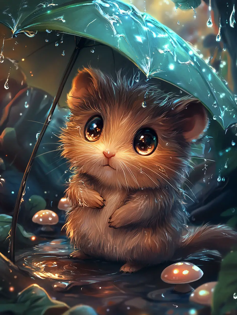 Süßes Baby-Wühlmaus unter einem Blattschirm im glitzernden Regen