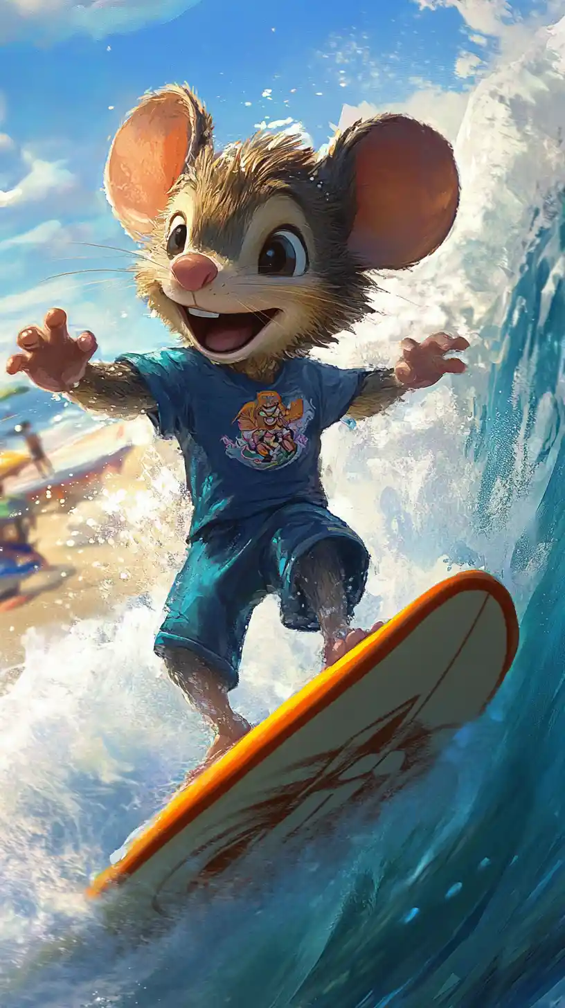 Topo dei cartoni animati che fa surf sulle onde dell’oceano in costume da bagno