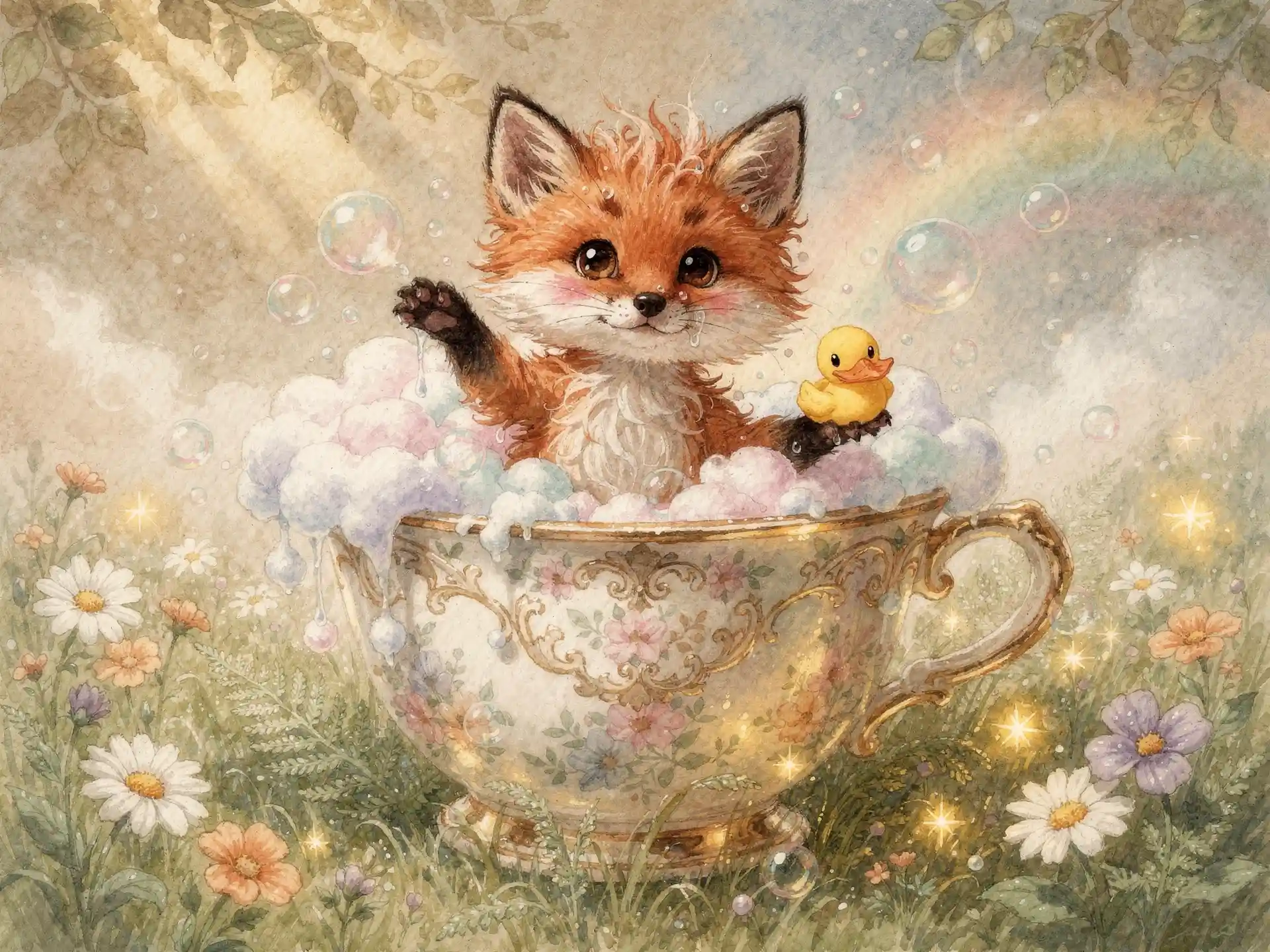 Baby fox in a whimsical teacup bubble bath