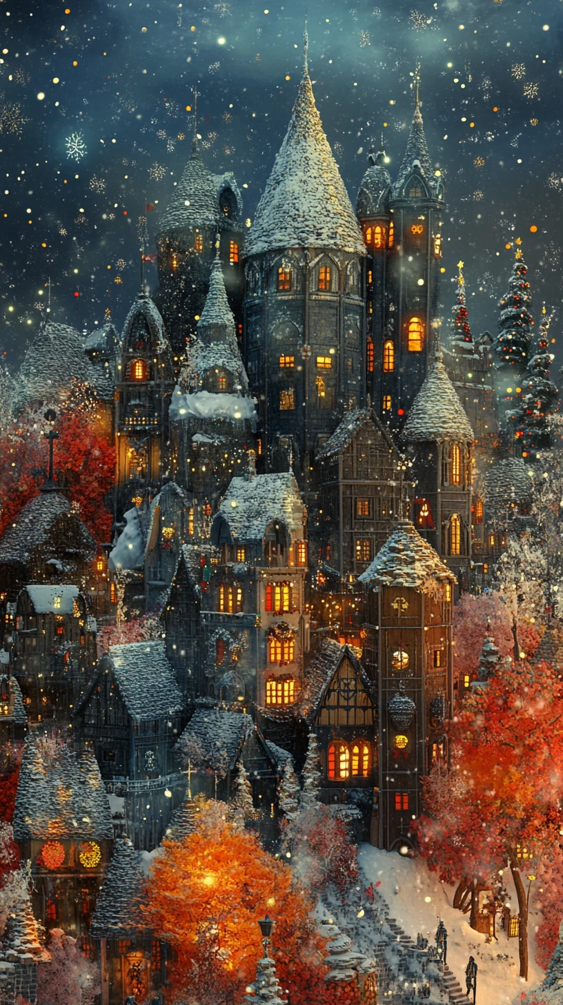 Pueblo de fantasía encantador con tapiz de palacio de hielo resplandeciente