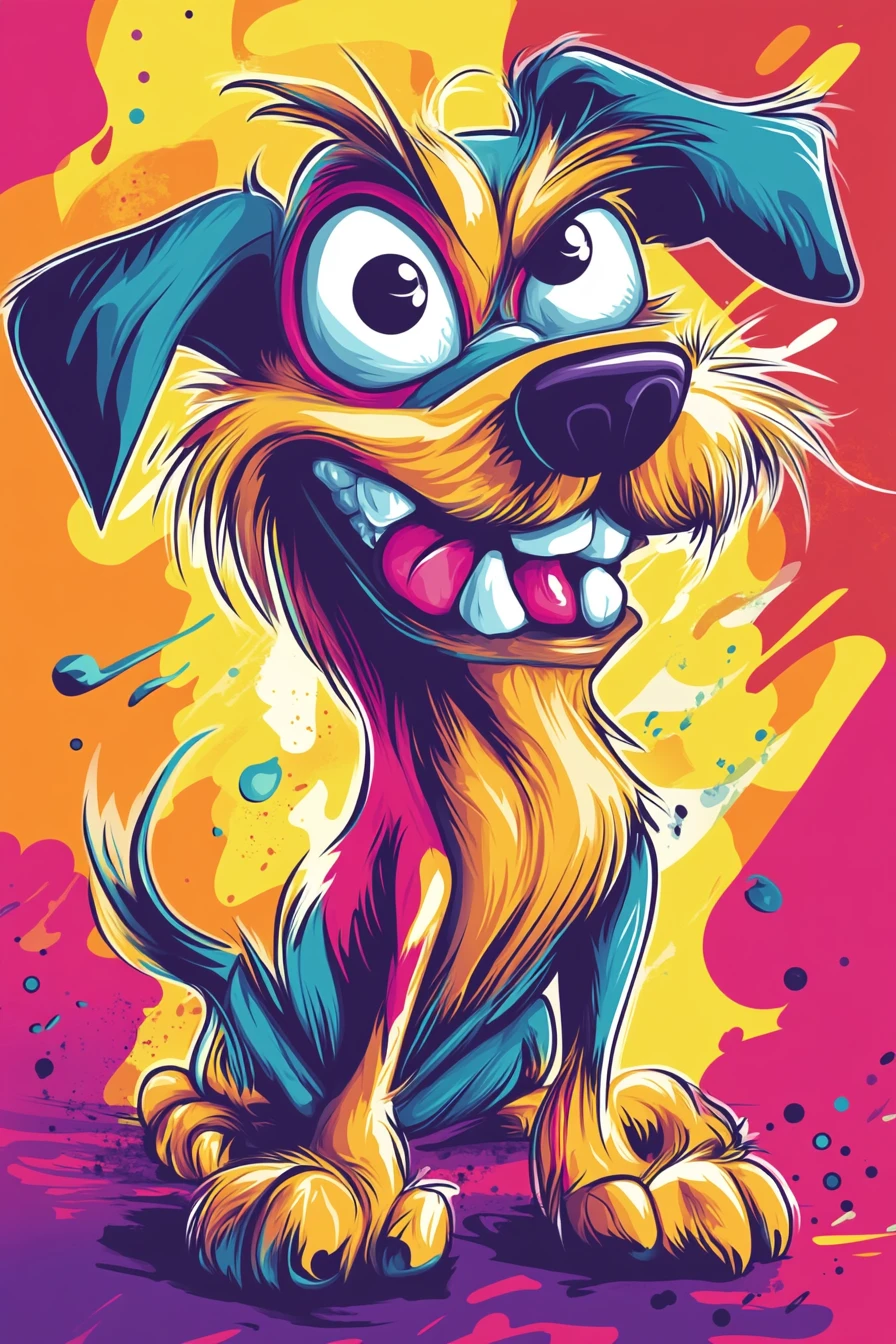 Caricatura di cane in stile cartoon, giocosa e dai tratti espressivi e marcati
