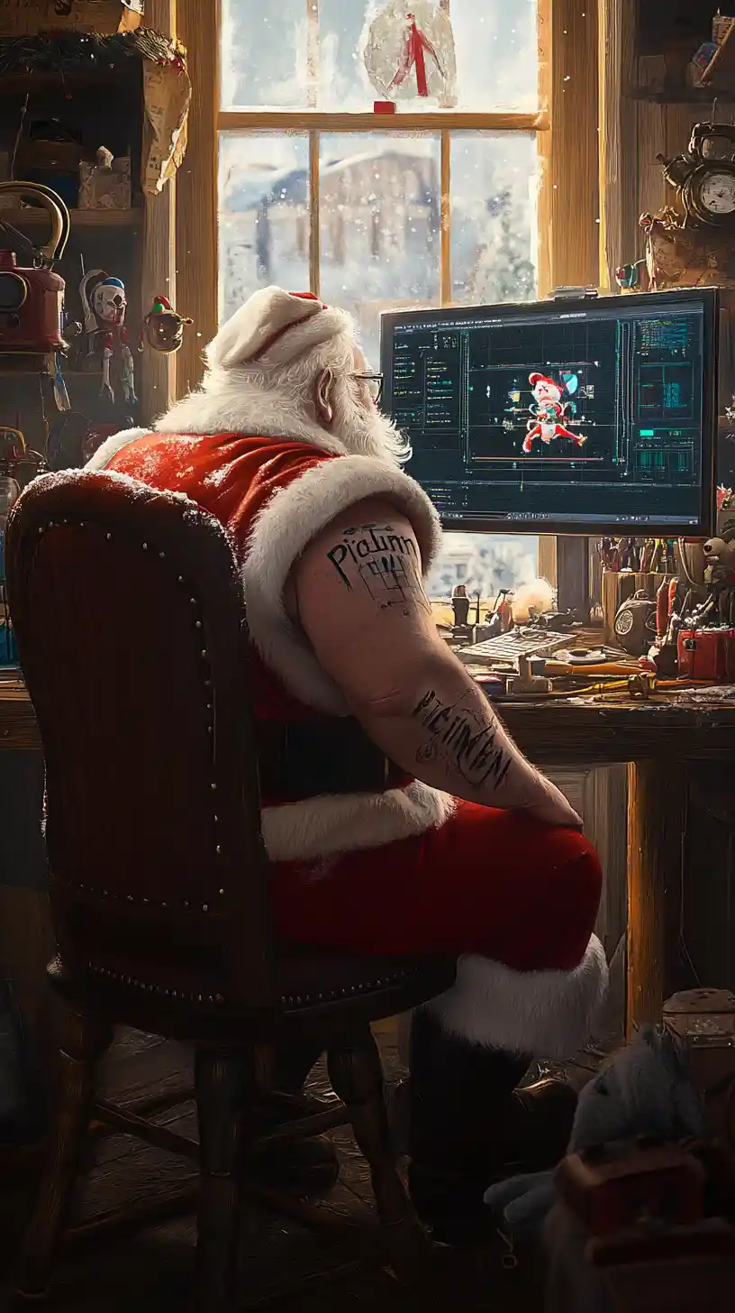 Santa at his desk in a cozy Christmas workshop