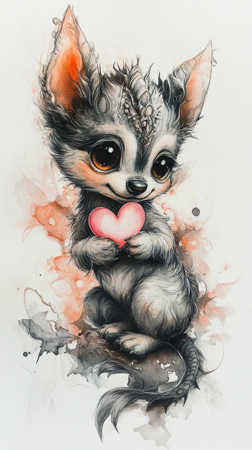 Chiot onirique en aquarelle tenant un petit cœur rose