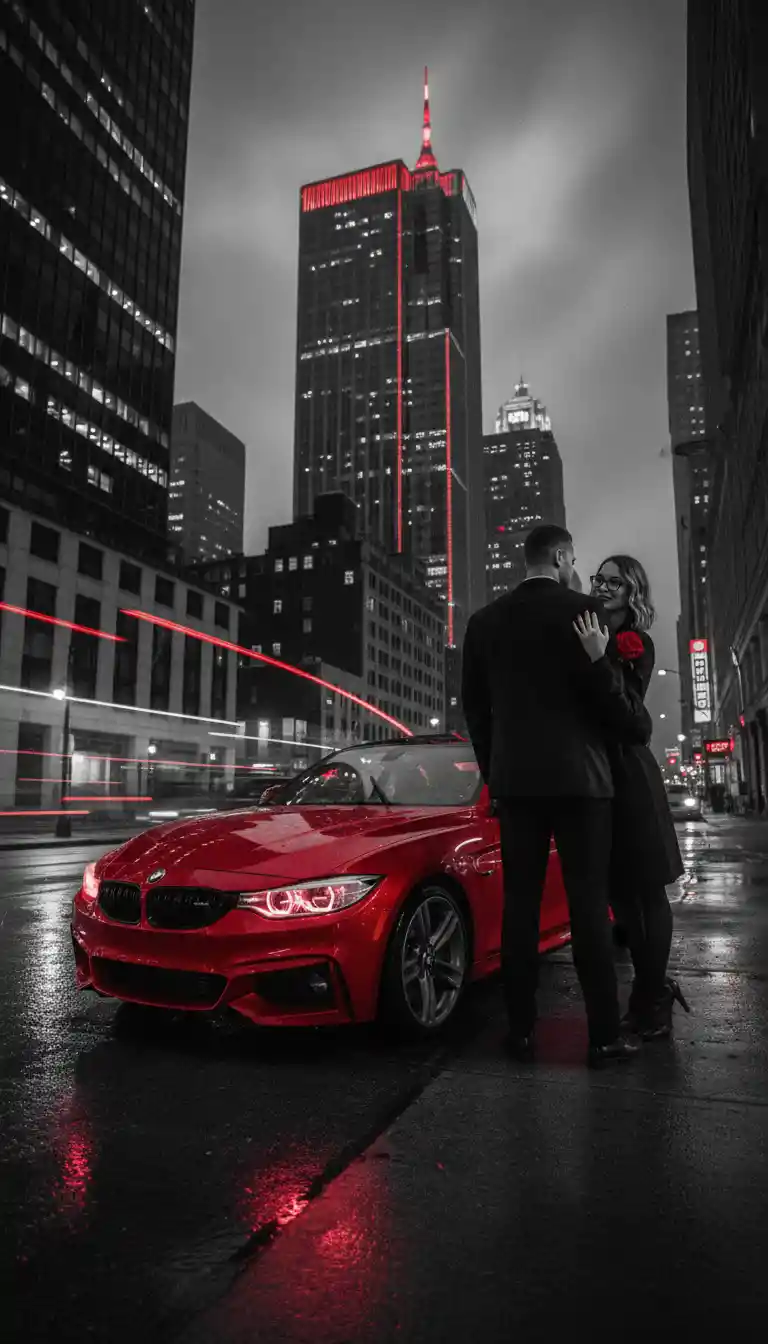 Black and white city street with red BMW and couple