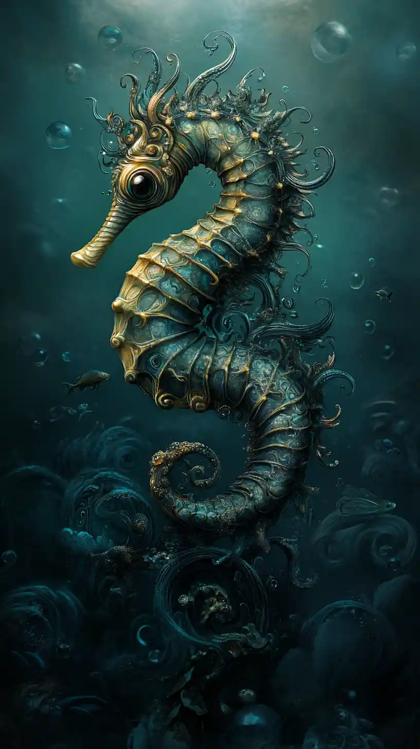 Mystical seahorse rising from the misty ocean depths