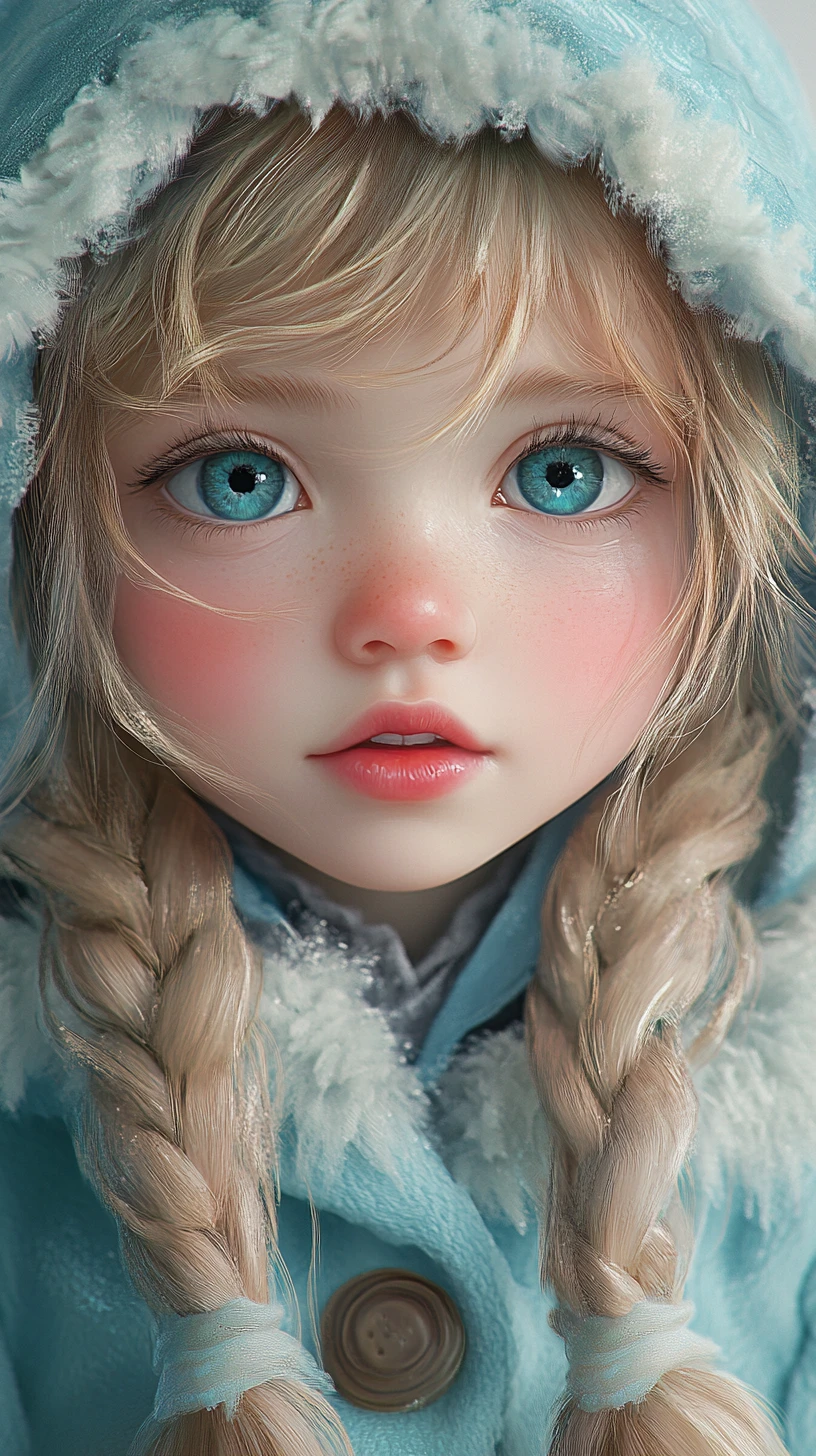 甜美藍眼女孩戴帽冬季肖像插畫