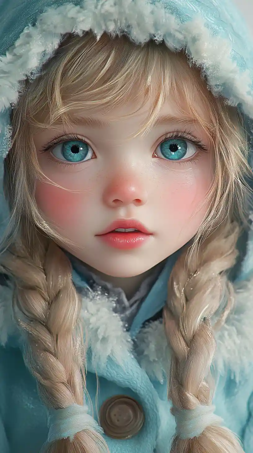 甜美藍眼女孩戴帽冬季肖像插畫
