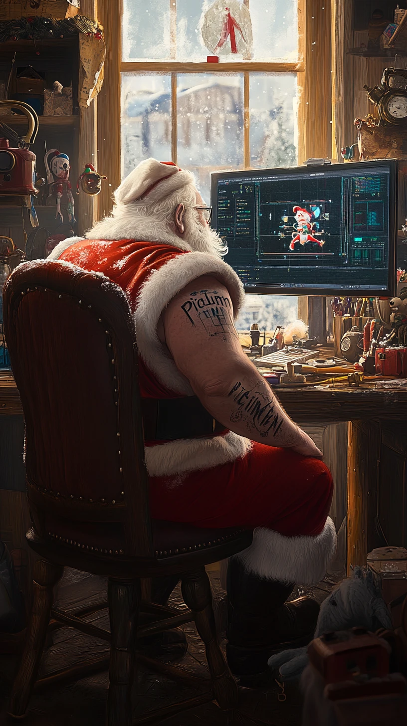 Papai Noel em sua mesa em uma acolhedora oficina de Natal