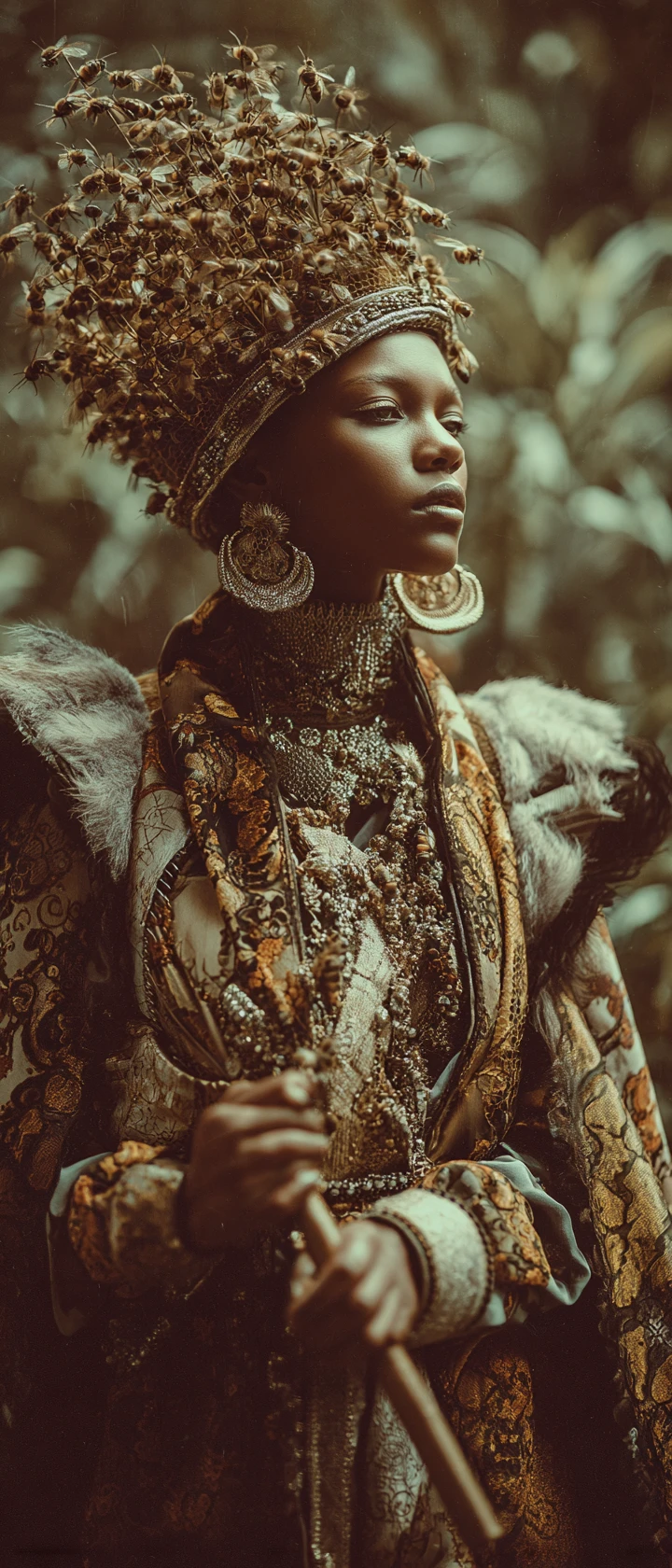 Regal fashion model beekeeper in a Versailles style garden