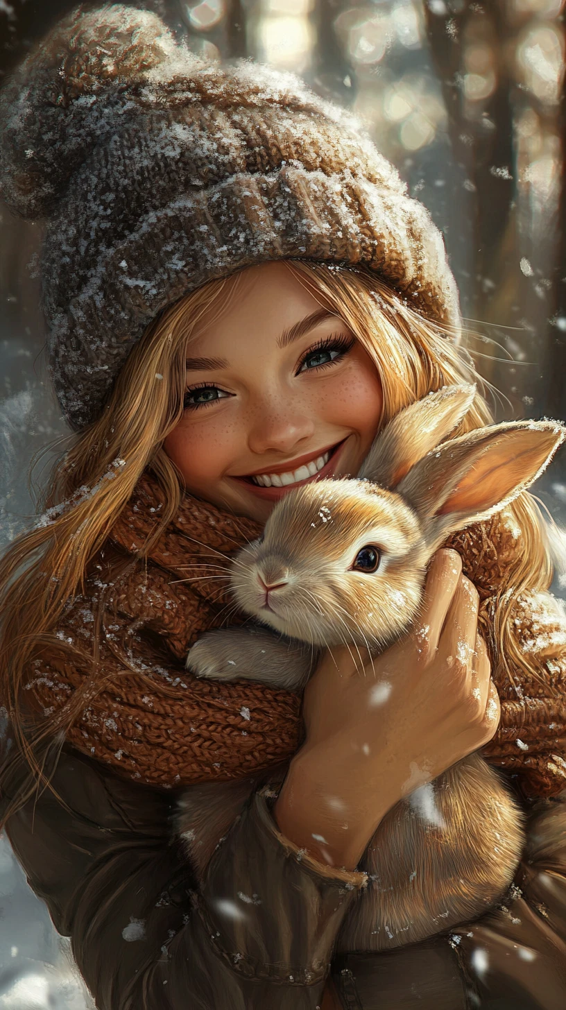 Smiling girl hugging a rabbit in a snowy winter forest