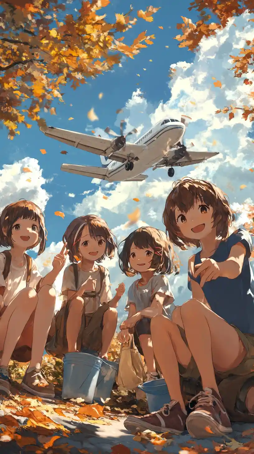 晴れた秋の日、飛行機のそばで笑う子どもたち