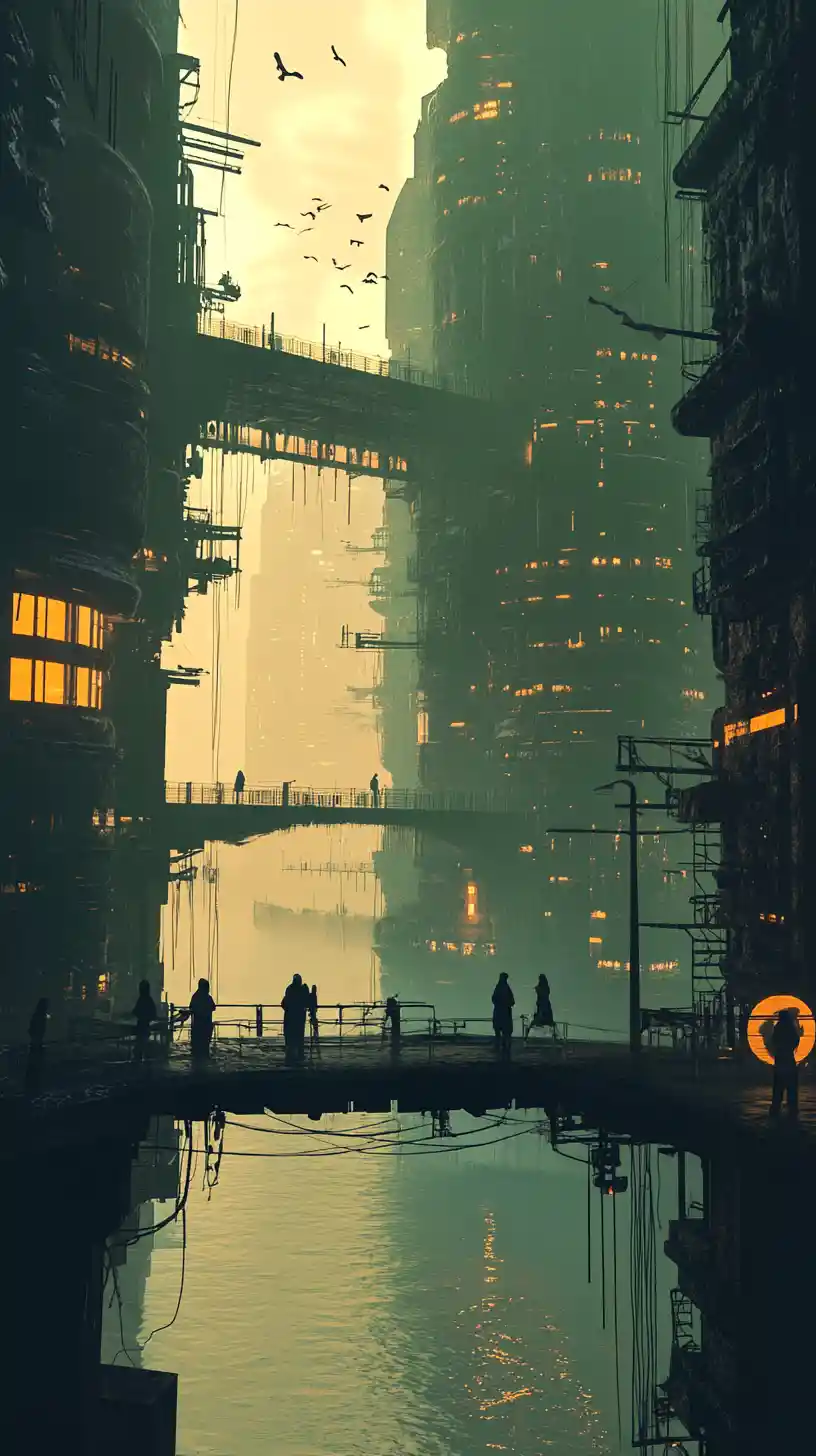 Futuristic industrial city with glowing orange windows