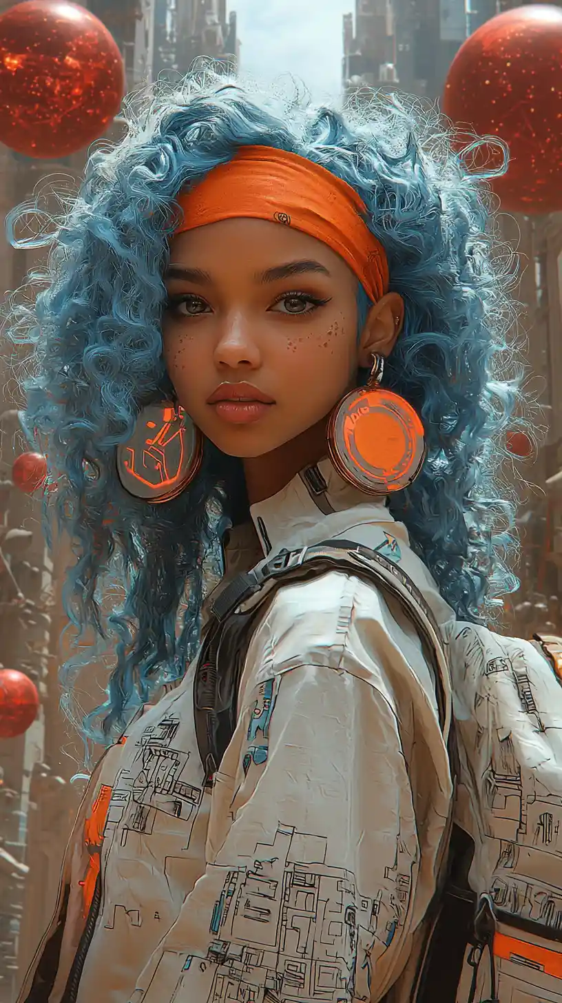 Blue haired woman in a futuristic red and orange landscape