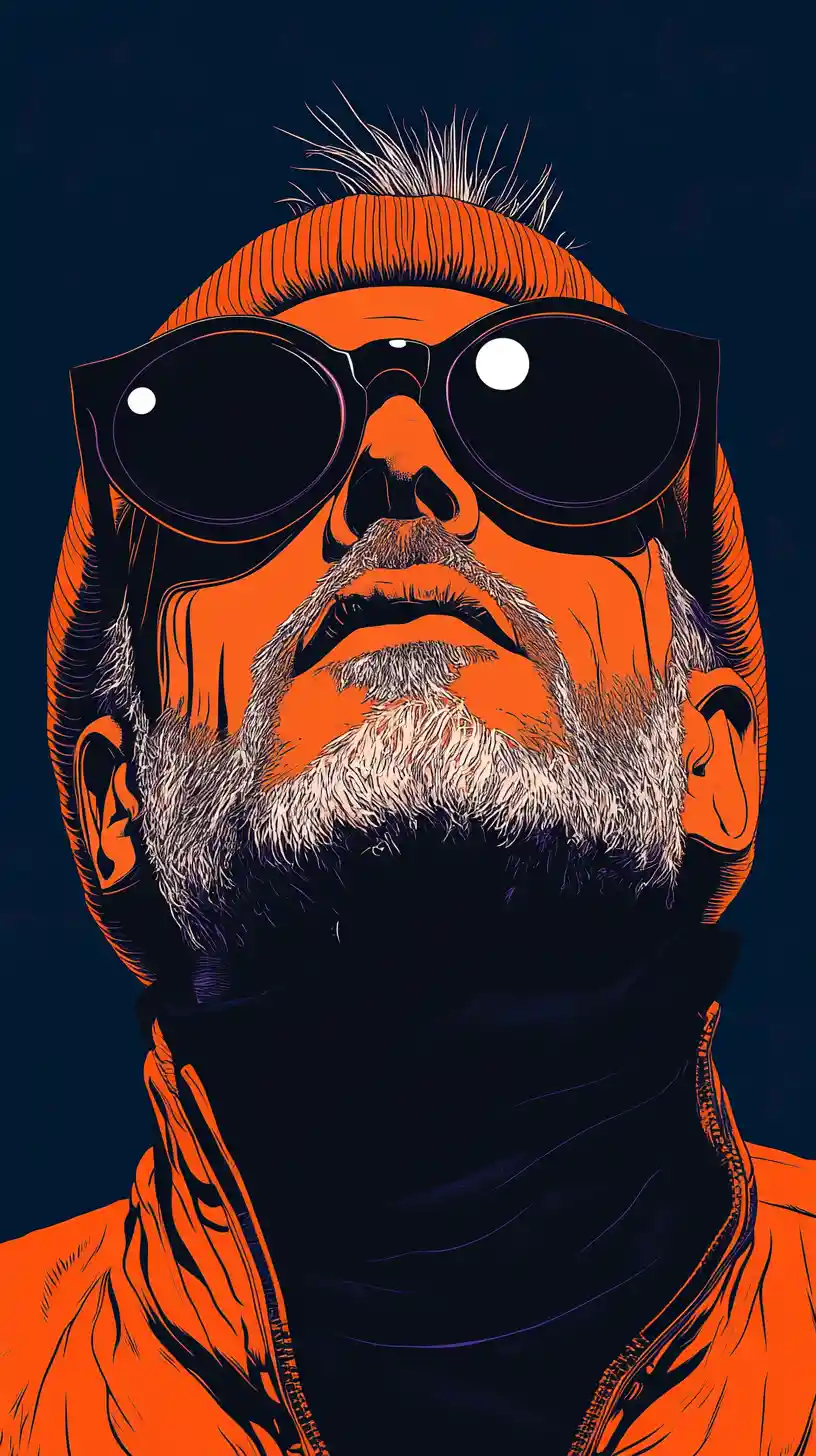 Cartoon portrait of serious man in orange beanie