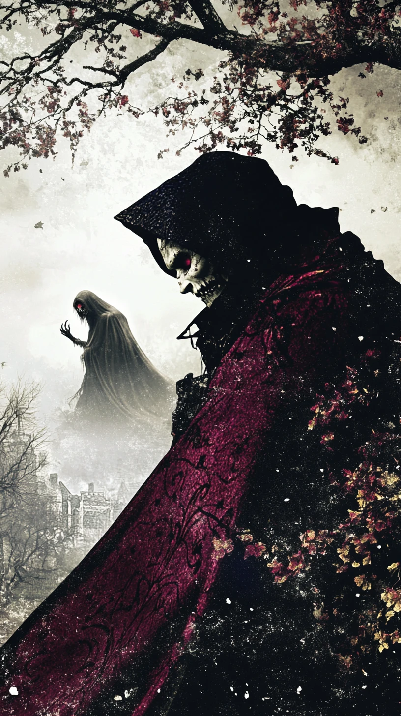 Zombie and ghost merged under a dramatic halloween sky
