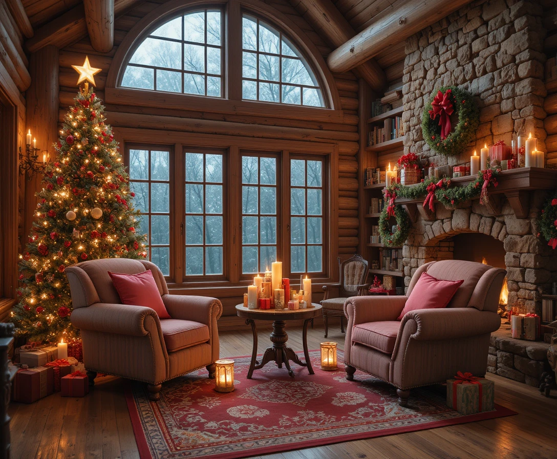 Cozy log cabin living room with Christmas tree and fireplace